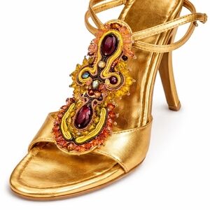 BCBGirls Gold Embellished Heeled Sandals Jeweled T-Strap Crystal Evening 7.5